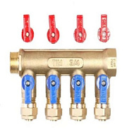 Коллектор TIM с шар.кр (с цангами) 3/4"х16ц - 4 вых. кр+син руч.