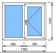 Окно ПВХ 1160*1000мм однокамерное, двустворчатое, открывание правое (1 глухая, 1 поворотная)